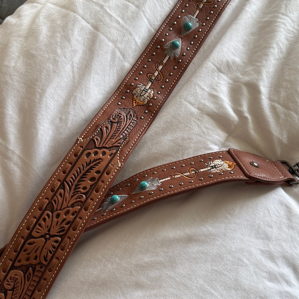 Brown Leather Embroidered purse strap